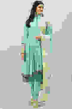 Aqua Cotton Asymmetric Kurta Churidar Suit Set image number 0