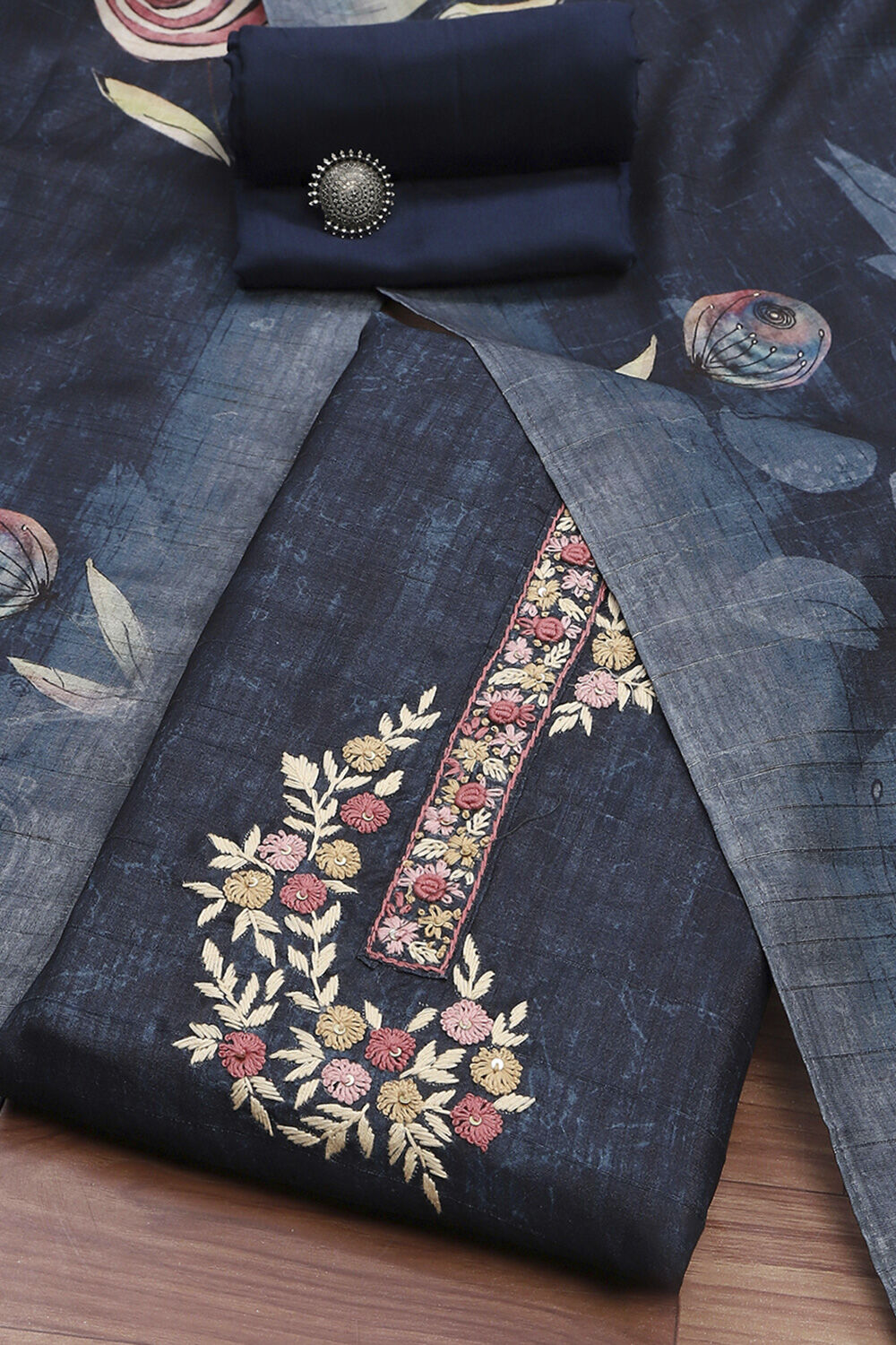 Navy Blue Silk Blend Printed Embroidered Unstitched Suit Set image number 0