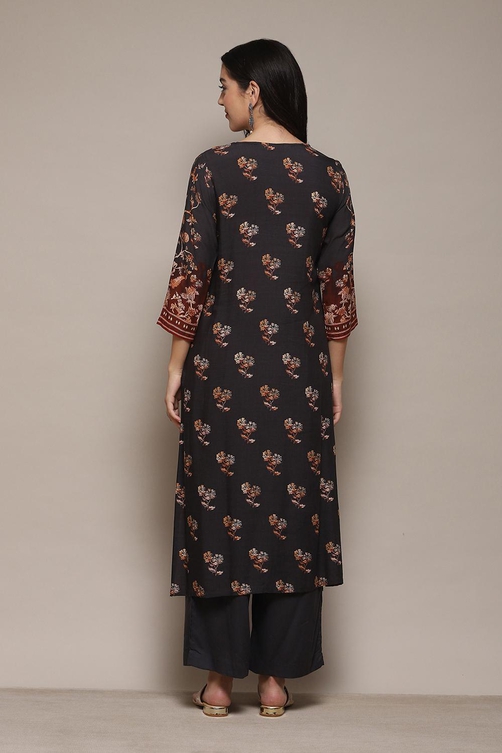 Charcoal LIVA Straight Kurta Palazzo Suit Set image number 5