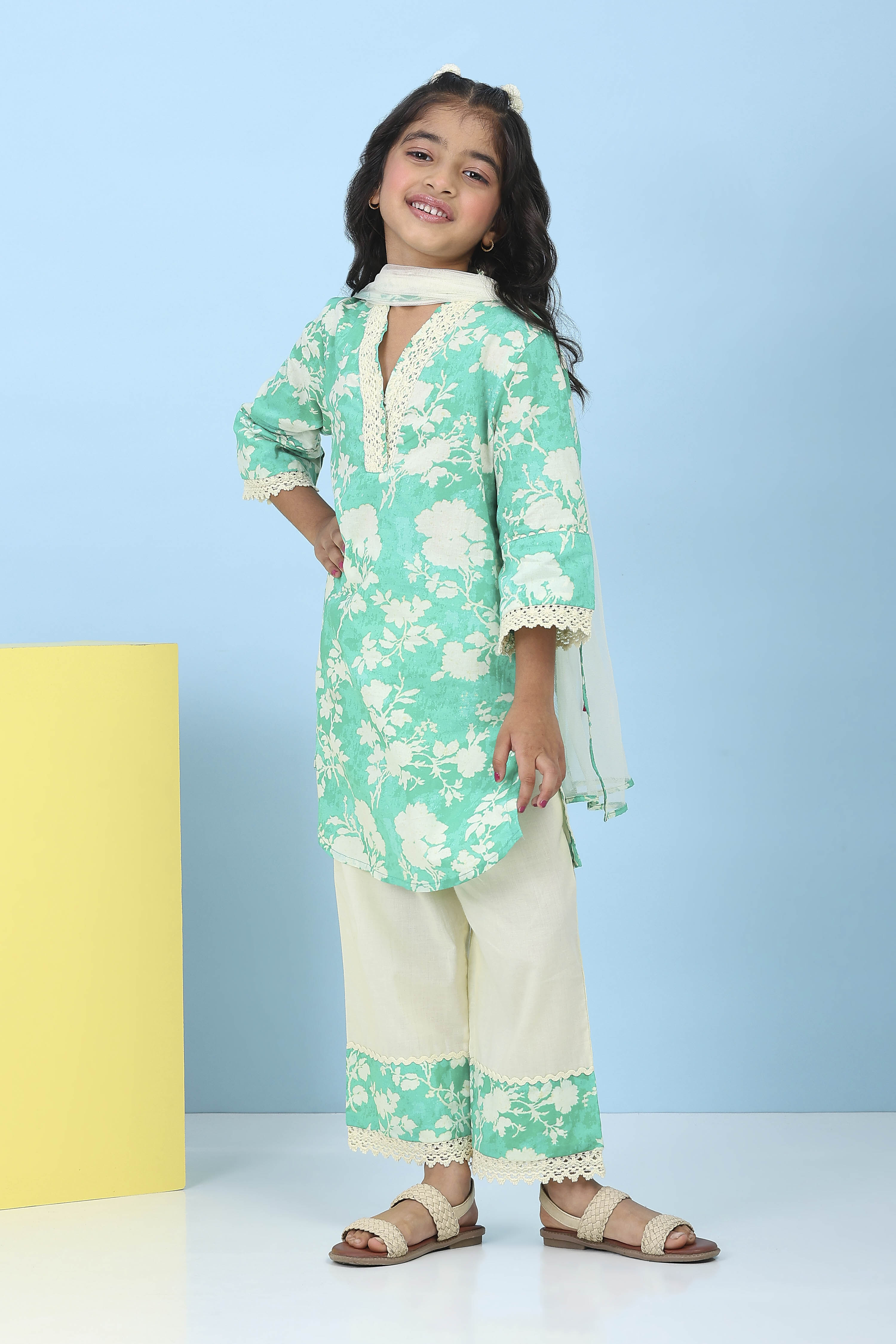 Green Cotton Printed Straight Suit Set image number 6