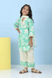 Green Cotton Floral Lace Trim Straight Suit Set image number 6
