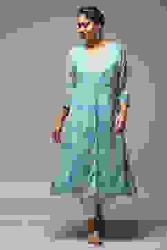 Teal LIVA Blend Straight Printed Kurta image number 6