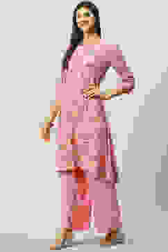Pink Viscose A-Line Kurta Palazzo Suit Set image number 3