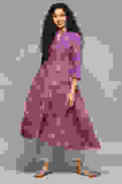 Purple Cotton IKAT Flared Yarndyed Kurta image number 2