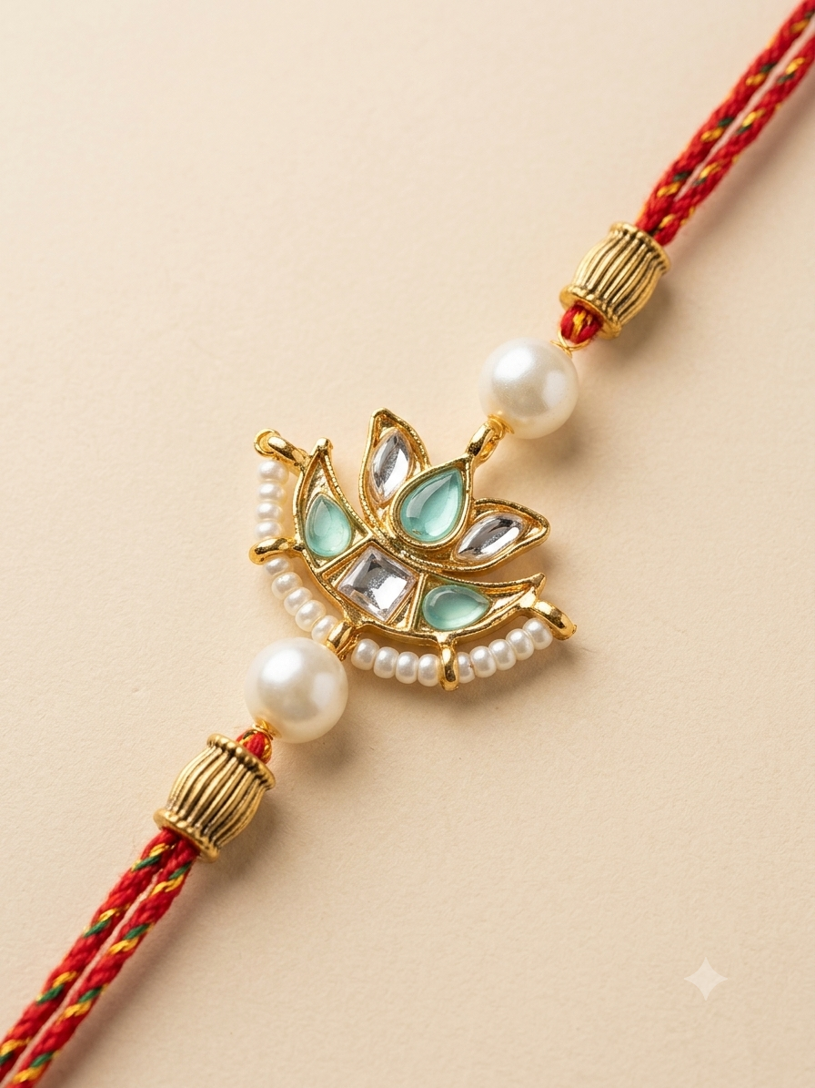 Red Lotus Shaped Rakhi With Beads image number 0