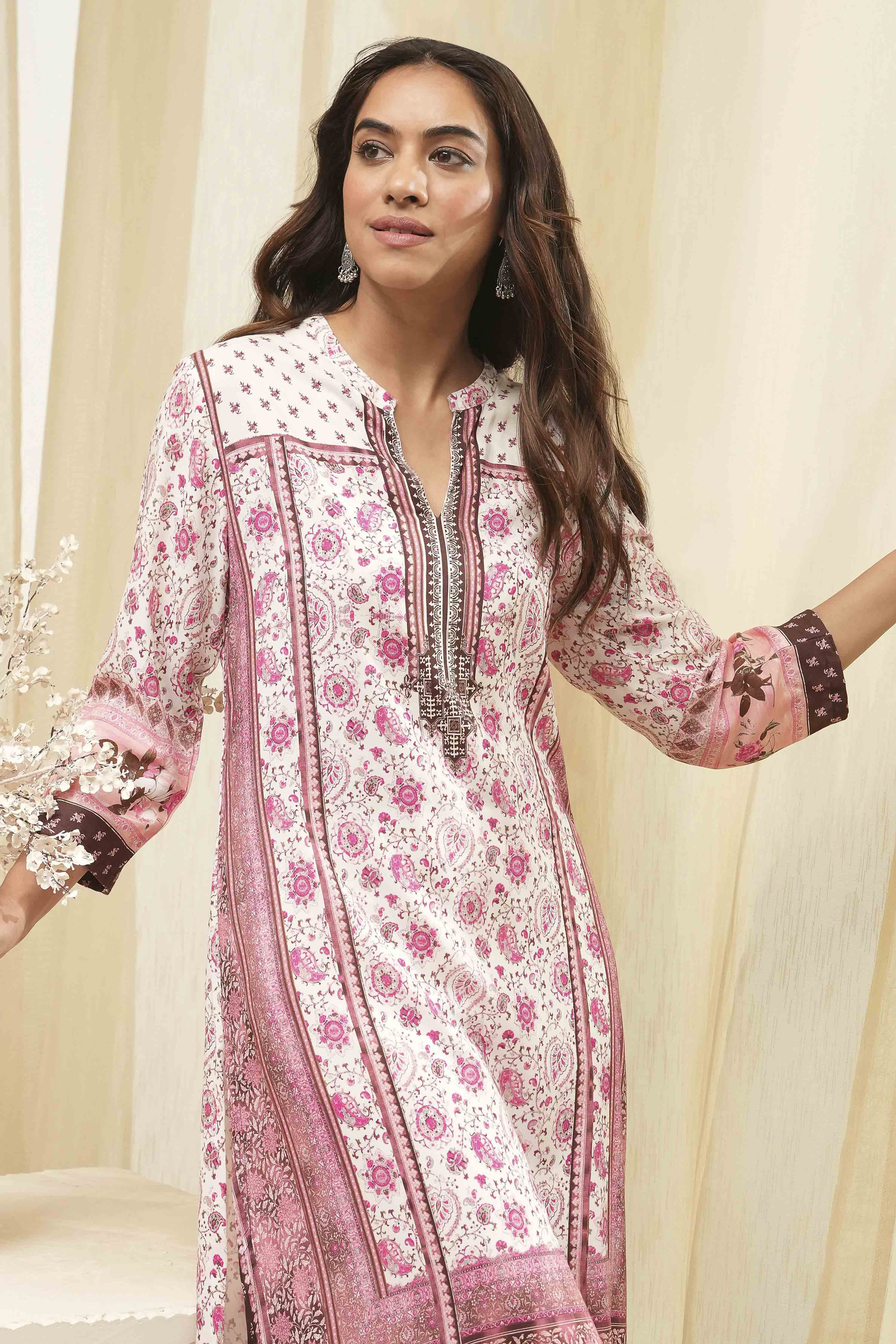 Peach Rayon A-Line Printed Kurta image number 6