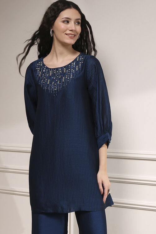 Blue Self-Designed Straight Kurta Set image number 1