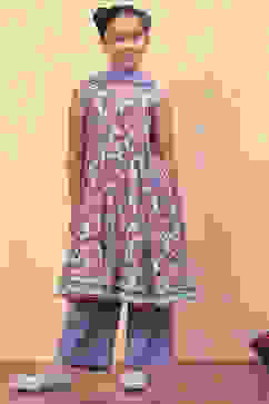 Lavender Pure Cotton Floral Printed Tiered Suit Set image number 0