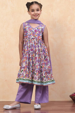 Lavender Pure Cotton Floral Printed Tiered Suit Set image number 0