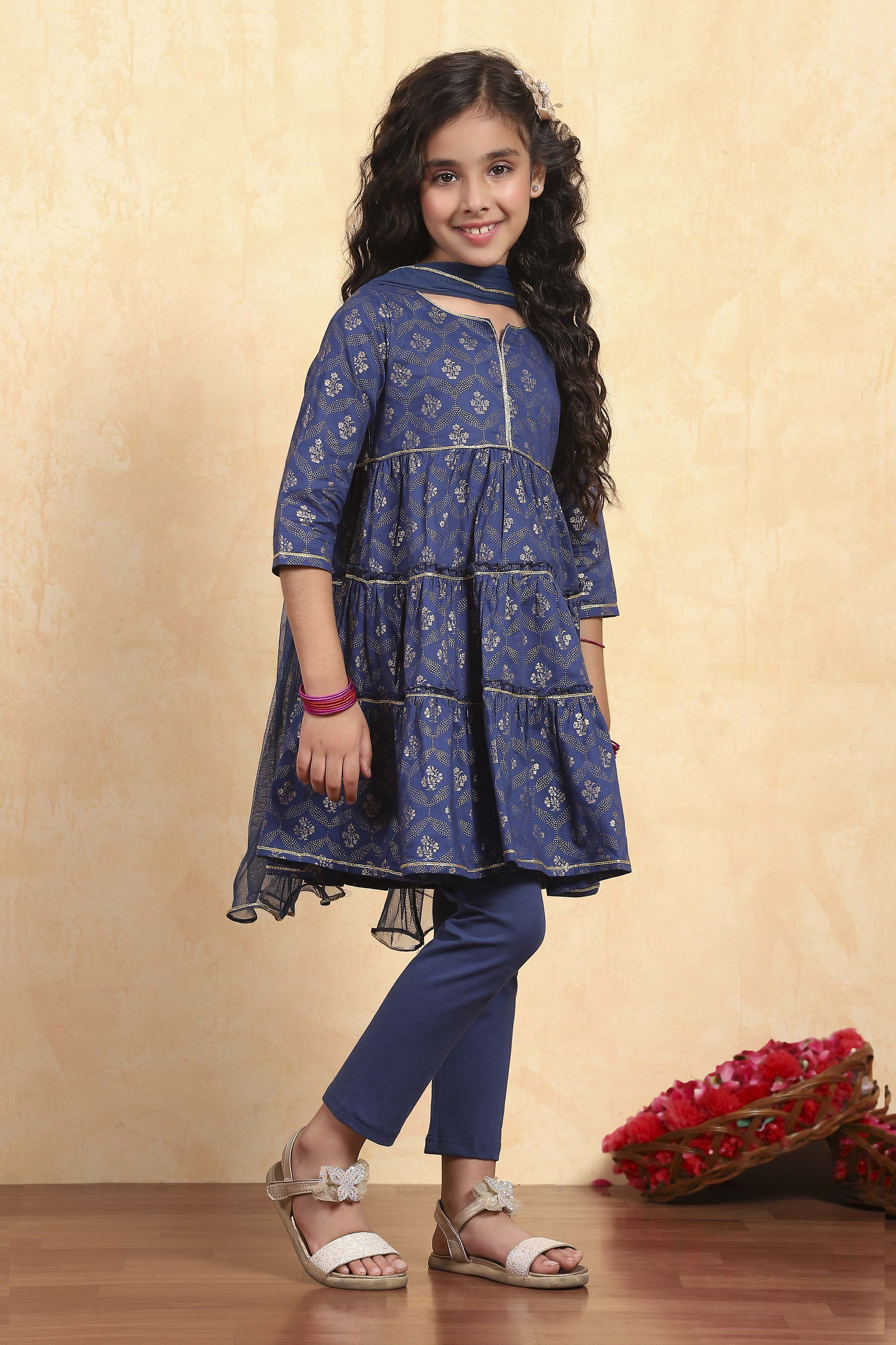Blue Cotton Tiered Printed Kurta Churidar Set image number 5