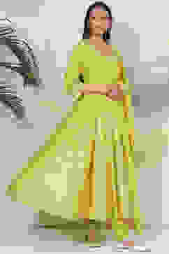 Lime Green Cotton Anarkali Kurta Churidar Suit Set image number 6