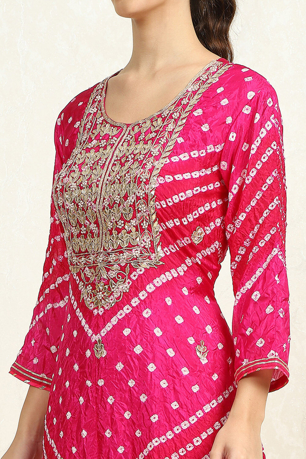 Orange Silk Blend Bandhej Crinkled Unstitched Suit Set image number 6