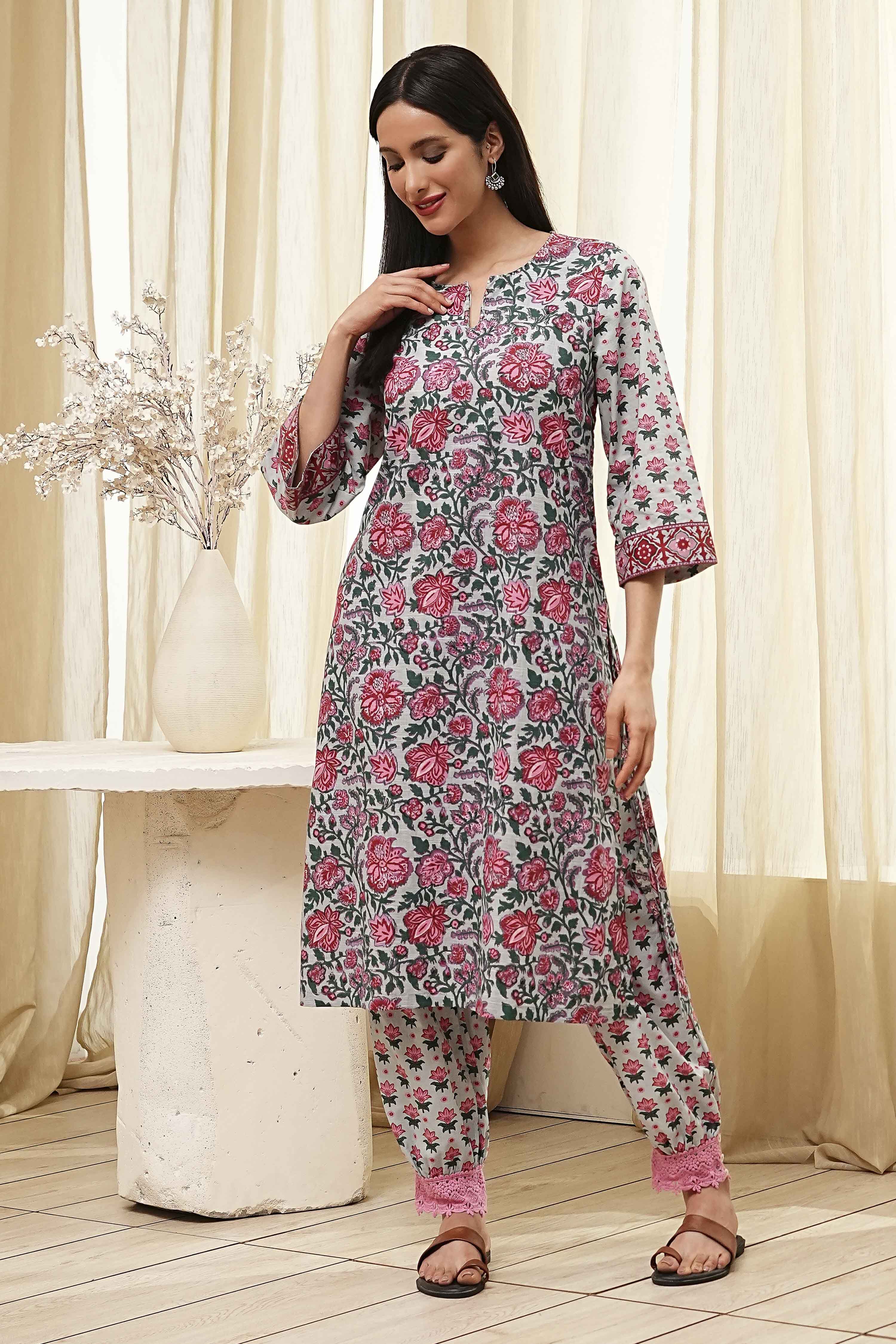 Blue and Pink Cotton Printed Straight Kurta Set image number 6