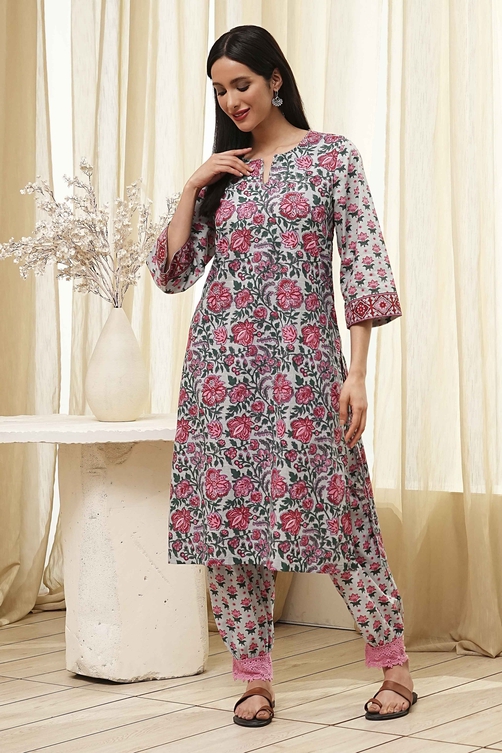 Blue and Pink Cotton Printed Straight Kurta Set image number 6