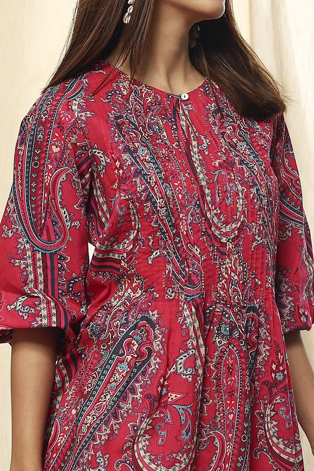 Magenta Cotton Printed A-Line Short Kurta image number 1