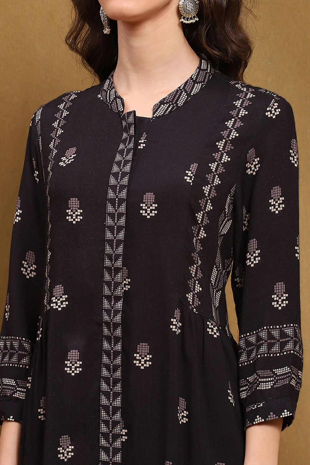 Navy Blue Floral Printed Gathered Short Kurta image number 1