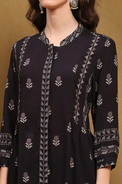 Navy Blue Floral Printed Gathered Short Kurta image number 1
