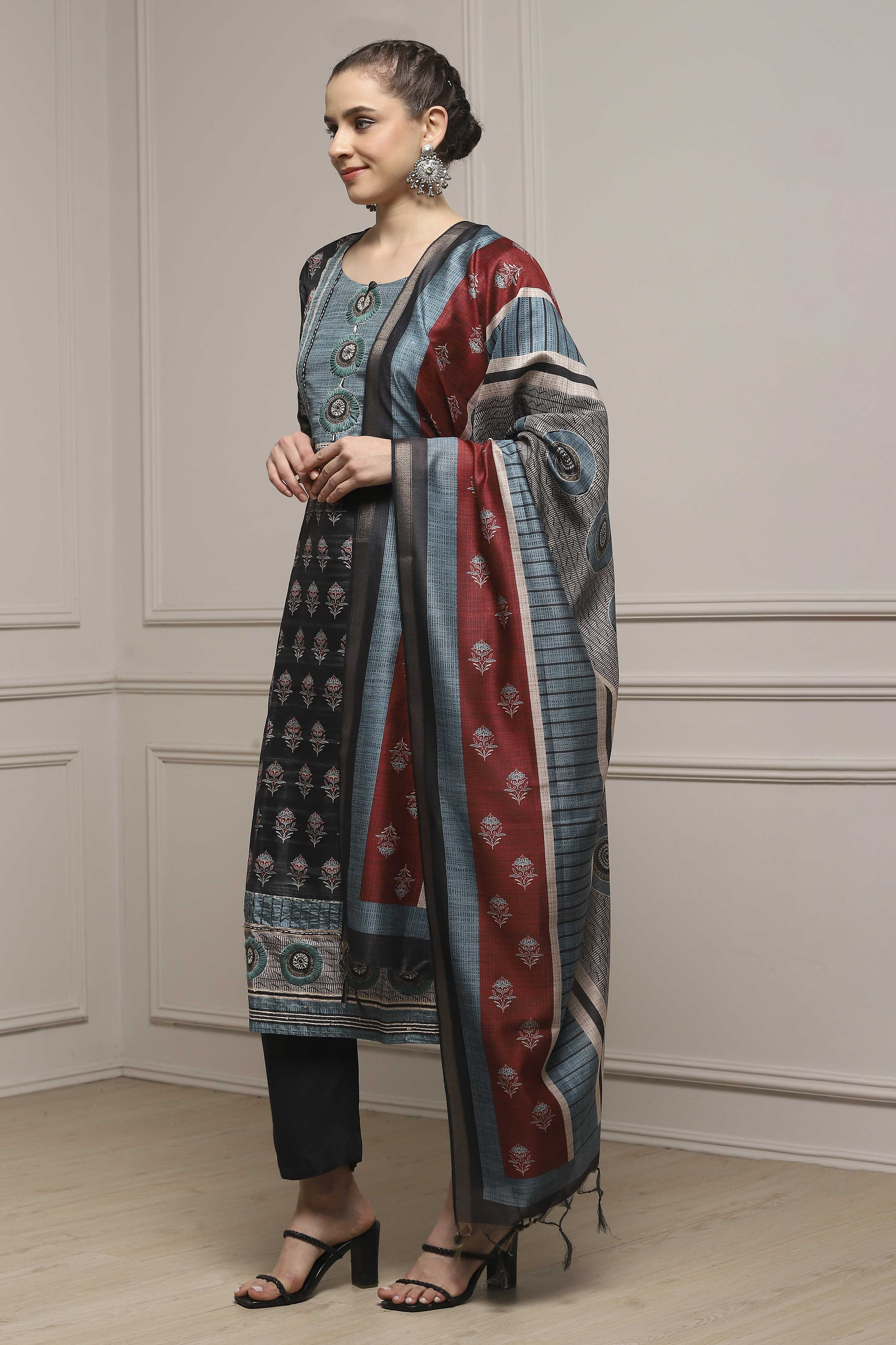 Black Silk Blend Printed- Embroidered Unstitched Suit Set image number 4