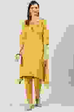 Yellow Solid Asymmetric Kurta Slim Pants Suit Set image number 6