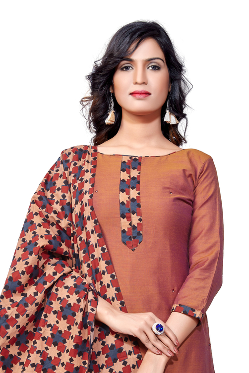 Brown Chanderi Placement Printed Unstitched Suit Set image number 3