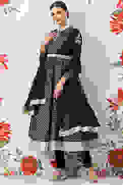 Rohit Bal Black Cotton Silk Anarkali Yarndyed Suit Set image number 0
