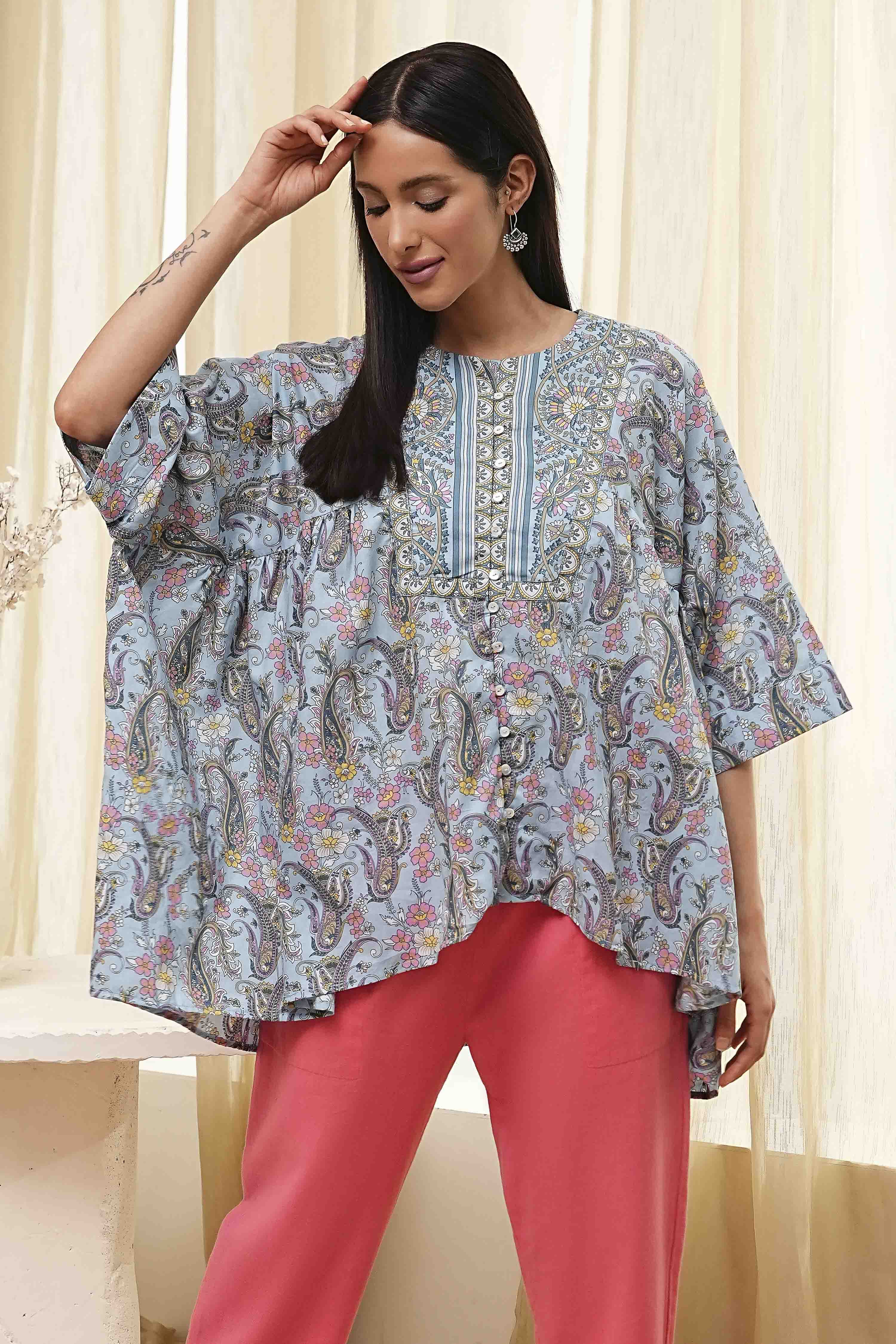 Dull Blue Cotton Flared Short Kurta image number 5