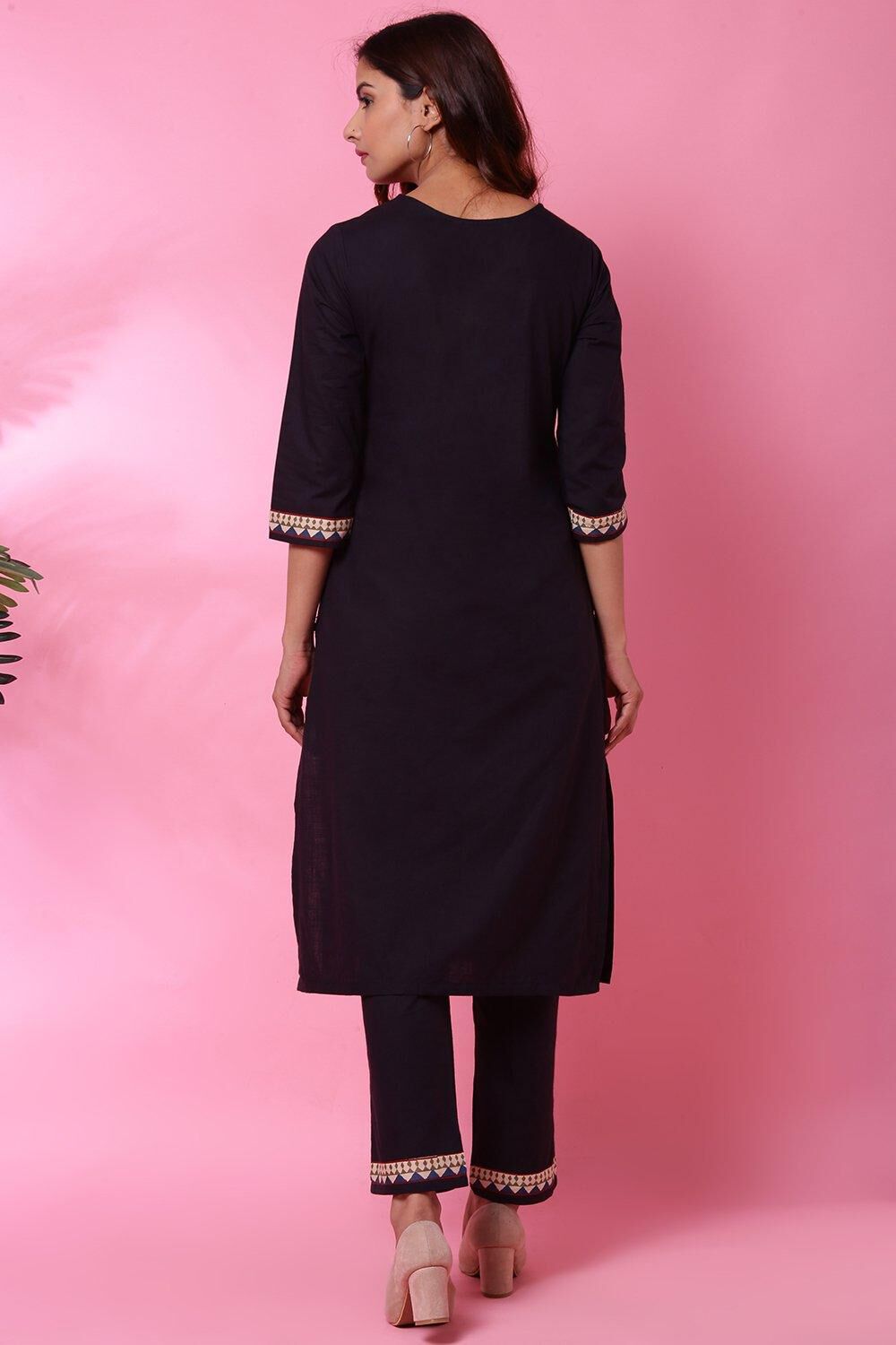 Black Cotton Straight Kurta Pant Suit Set image number 2