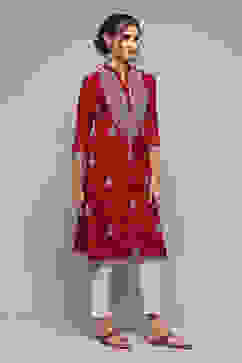Green & Maroon Polyester Straight Yarndyed Kurta image number 3