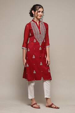 Green & Maroon Polyester Straight Yarndyed Kurta image number 3
