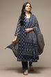 Blue Cotton Hand Block Print Unstitched Suit Set image number 0