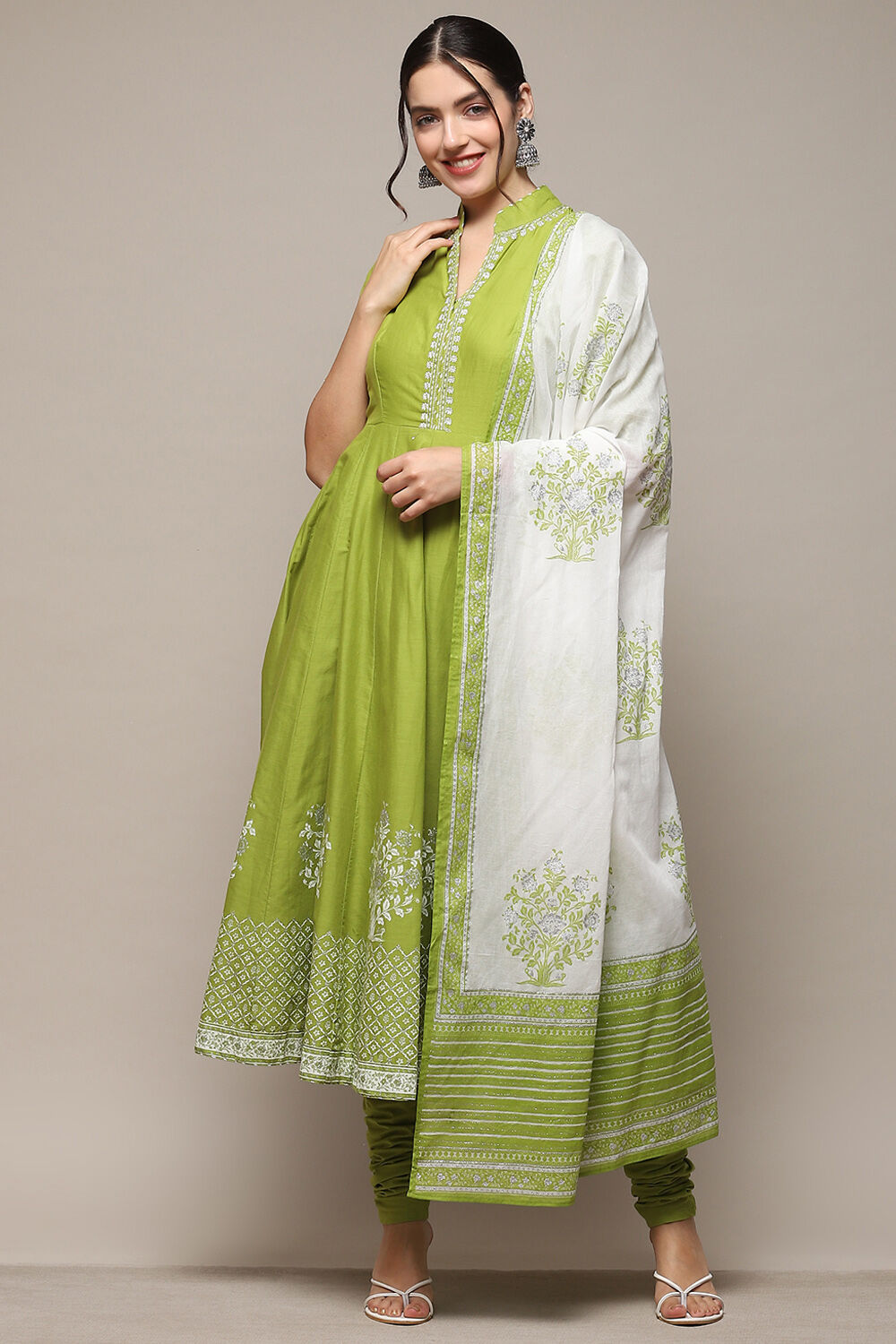 Green Cotton Anarkali Printed Kurta Churidar Suit Set image number 7