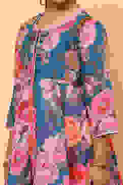 Teal and Pink Floral Printed Flared Festive Suit Set image number 1