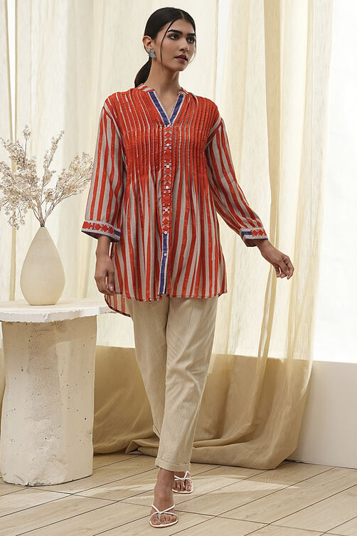 Orange Modal Printed Shirt-Style Short Kurta image number 5