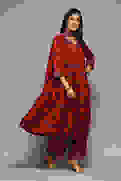 Terracotta Viscose Gathered Kurta Palazzo Suit Set image number 6