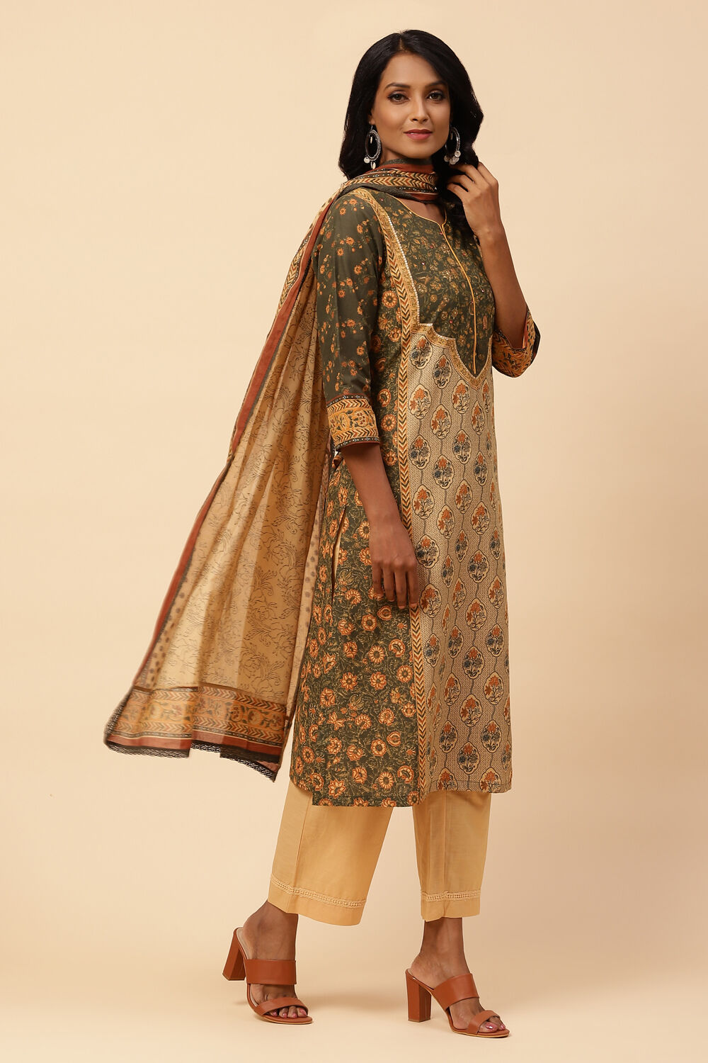 Khaki Cotton Straight Kurta Narrow Palazzo Suit Set image number 5