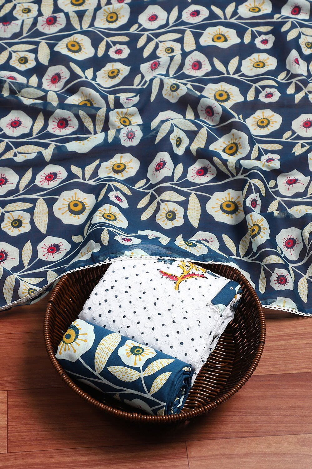 White and Blue Cotton Schiffli Unstitched Suit Set image number 0