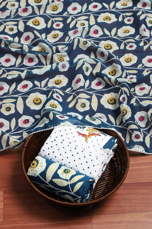 White and Blue Cotton Schiffli Unstitched Suit Set image number 0