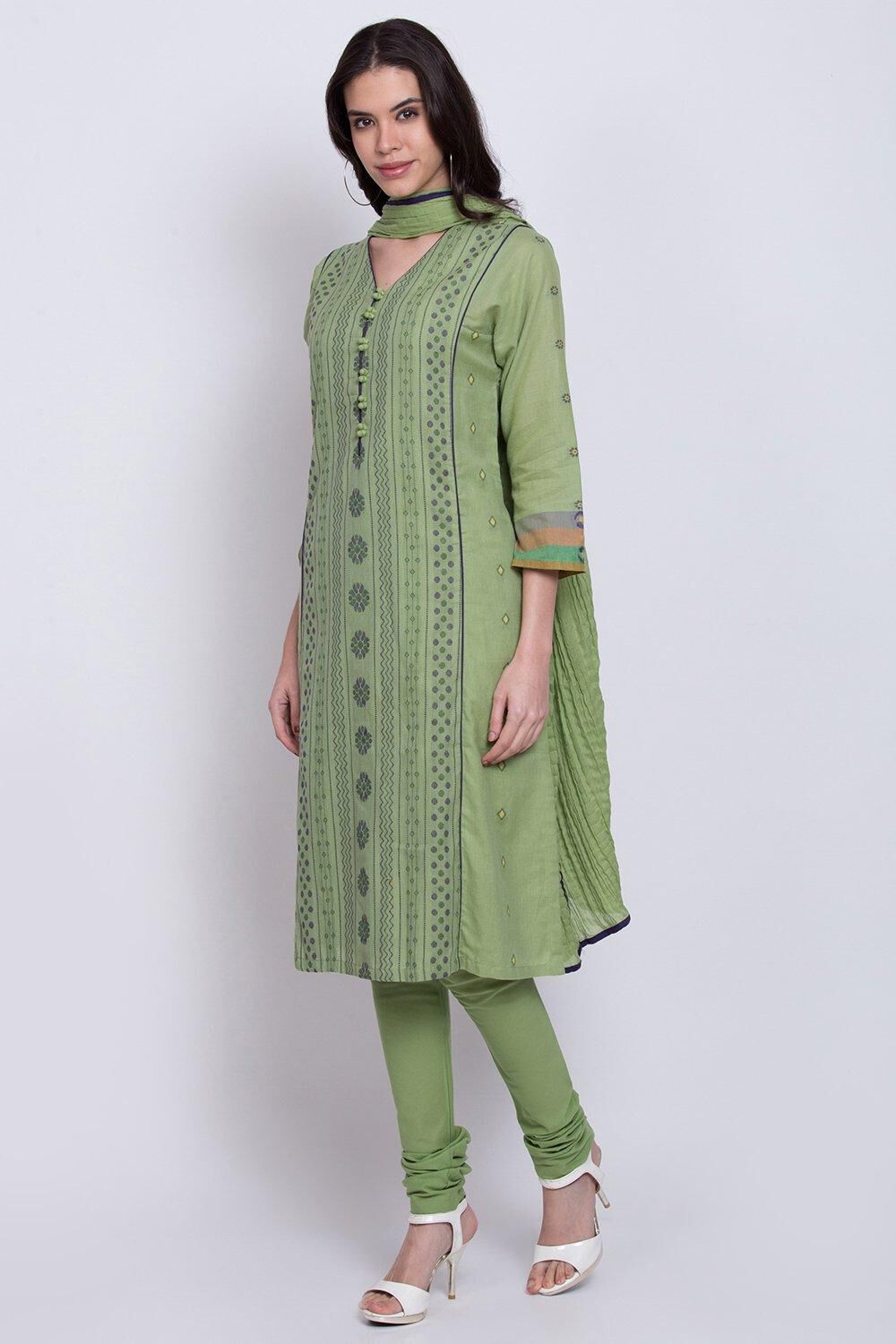 Green Straight Kurta Churidar Suit Set image number 2