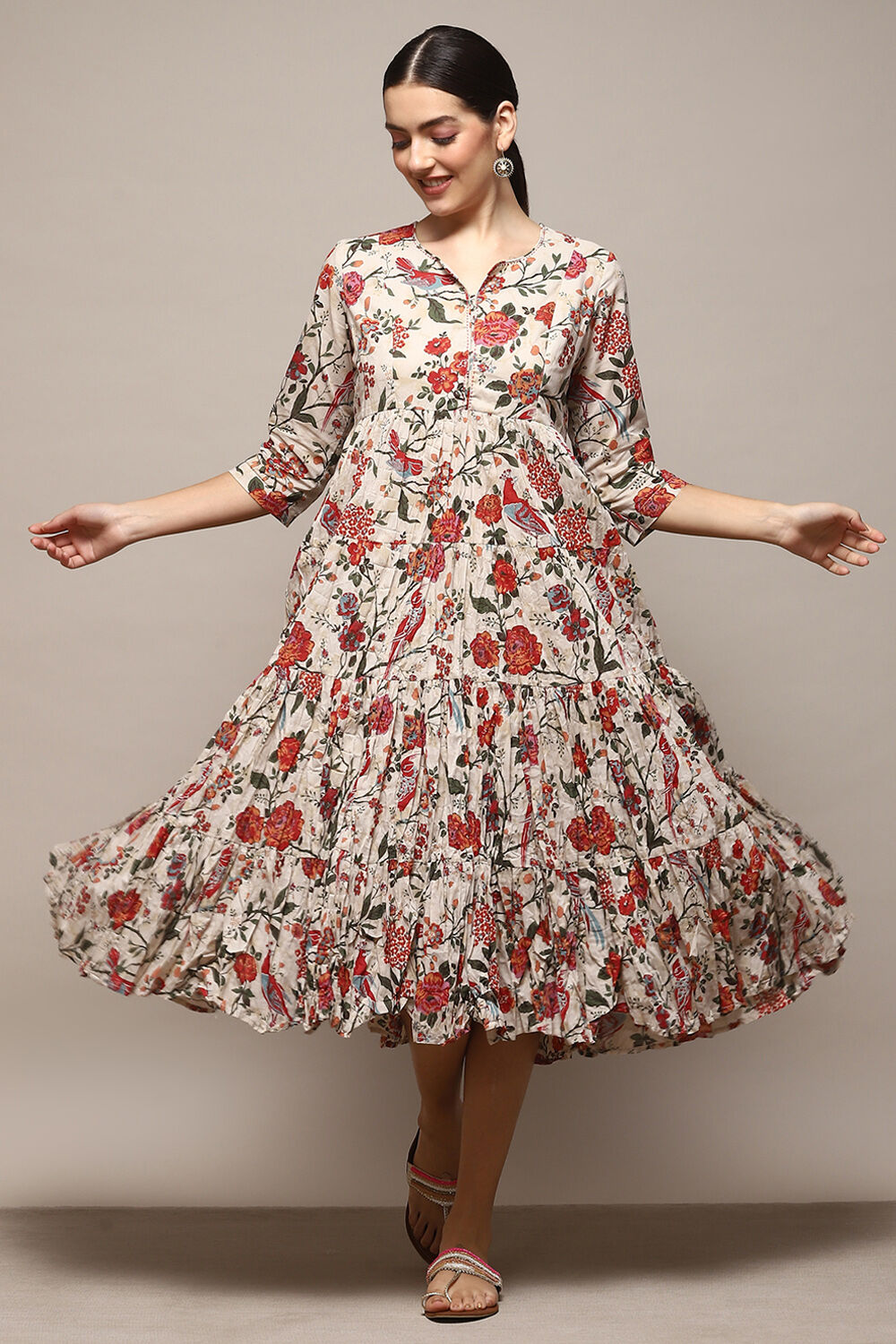 Green & Maroon Cotton Flared Printed Dress image number 0