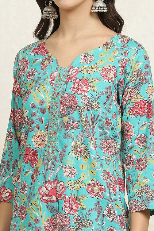 Green Cotton Floral Unstitched Suit Set image number 2