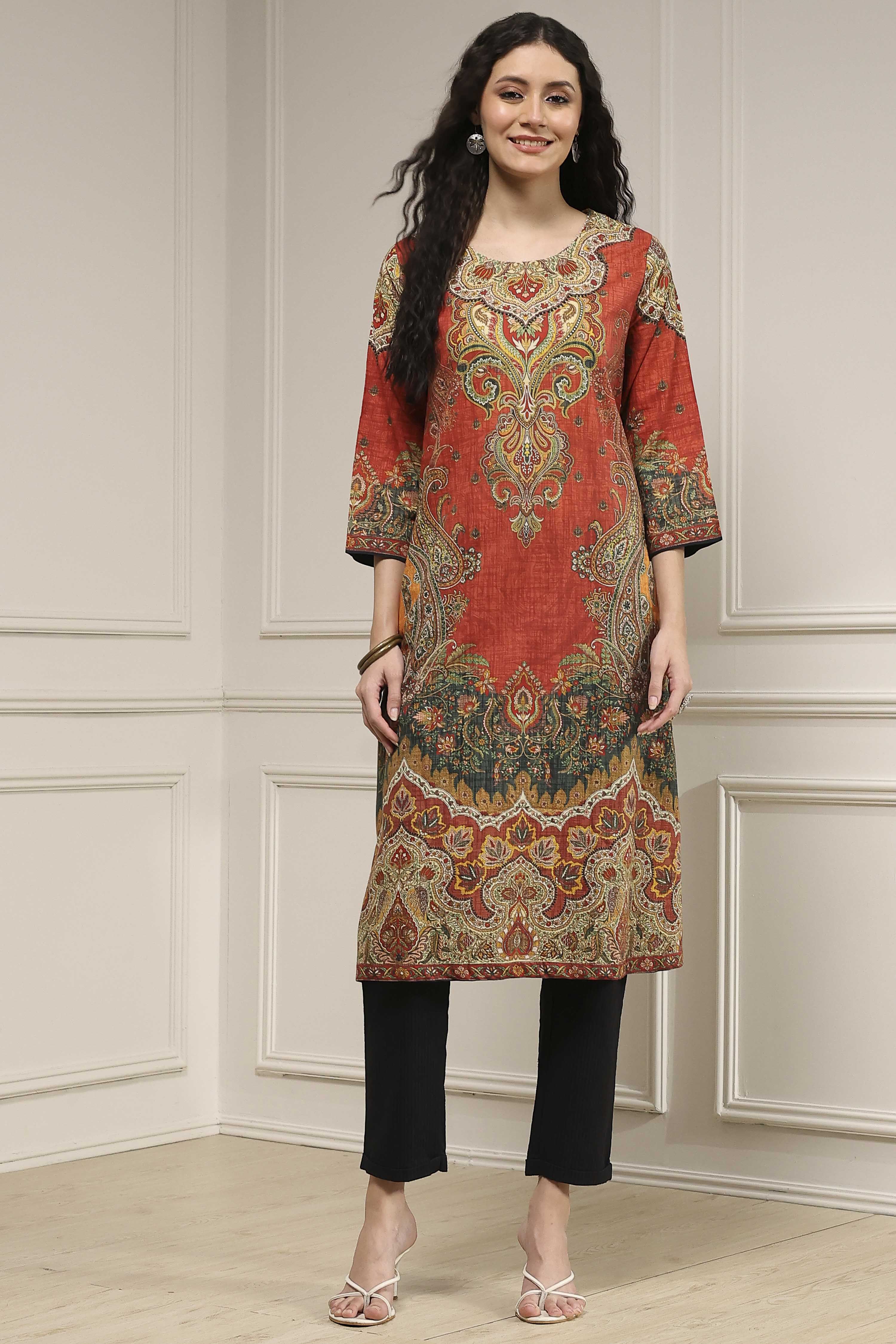 Rust Cotton Printed Straight Kurta image number 5