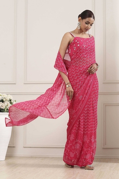 Pink Poly Georgette Printed Saree With Blouse