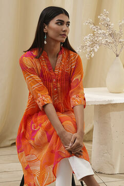 Orange Printed Pleated A-Line Kurta image number 7