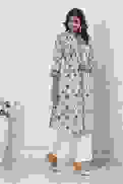 White and Blue Cotton Printed Pleated Straight Kurta image number 4