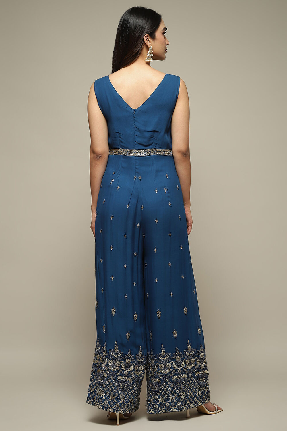 Blue Embroidered Straight Jumpsuit image number 3
