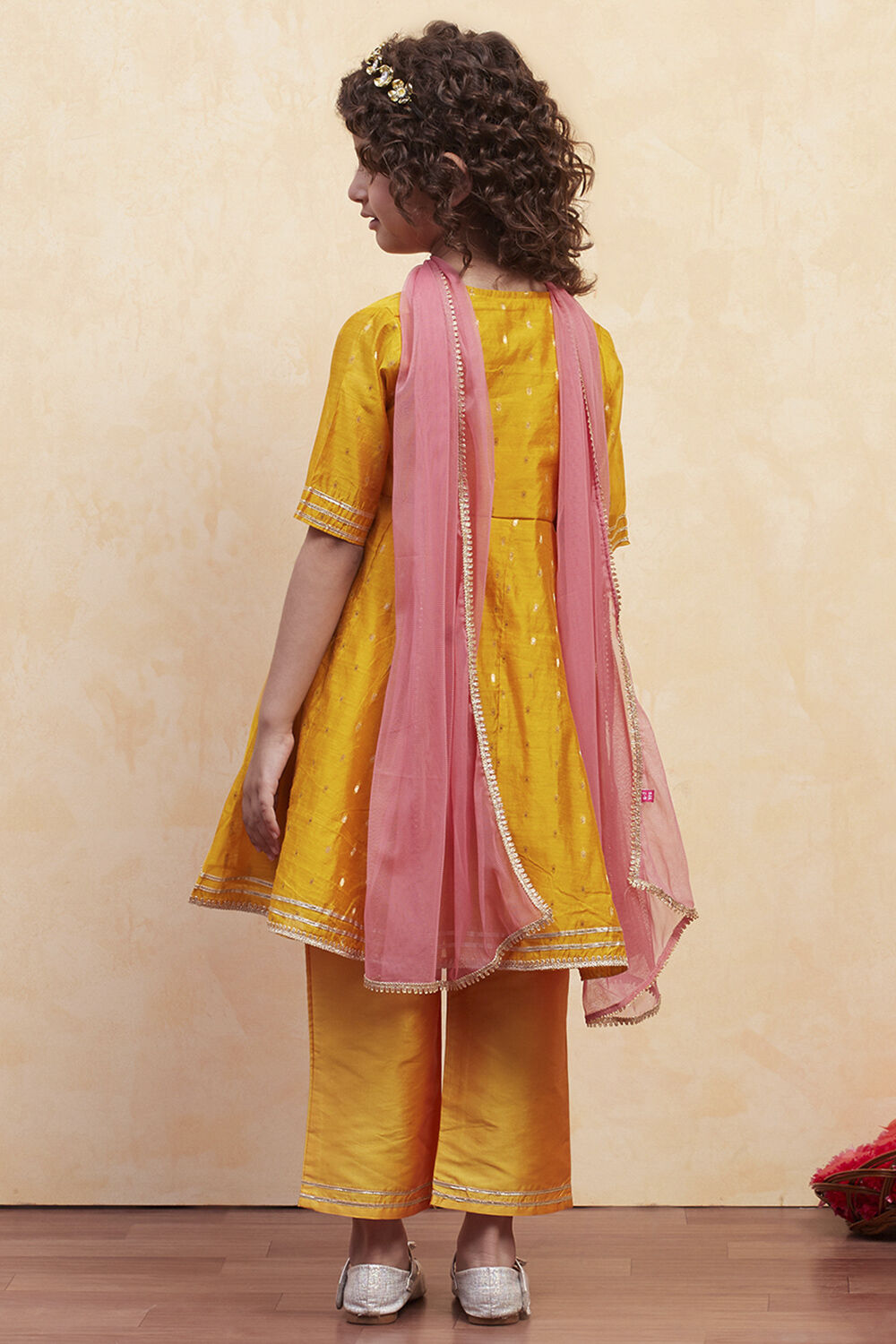 Yellow Yarn Dyed Angrakha Anarkali Suit Set image number 4