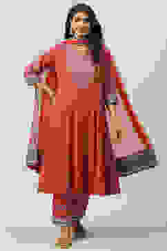 Coral Cotton Kalidar Kurta Narrow Palazzo Suit Set image number 0