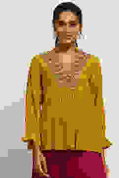 Mustard Yellow Embroidered A-Line Kurti image number 5