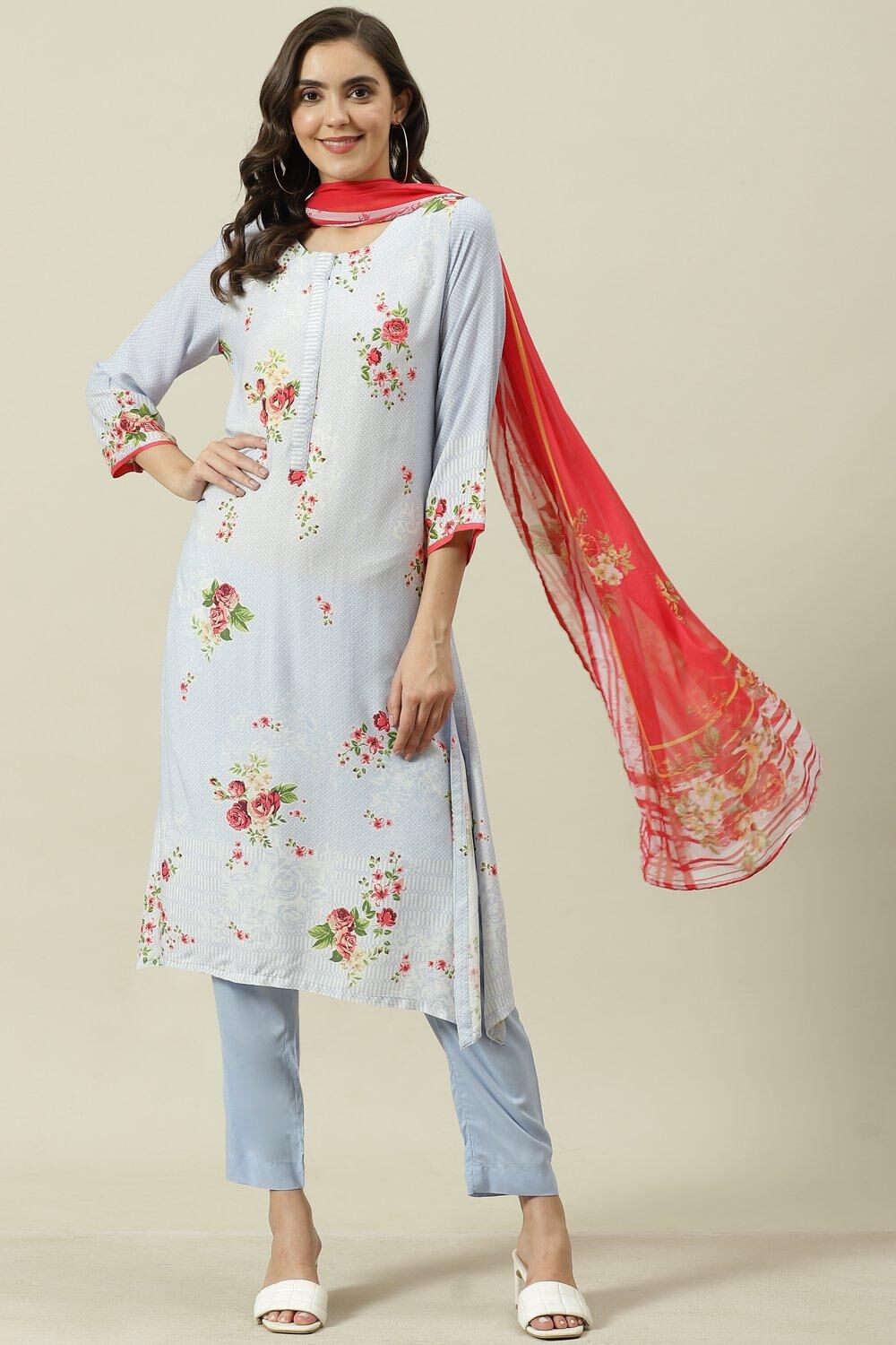 Yellow Printed Viscose A-Line Kurta Slim Pants Suit Set image number 0