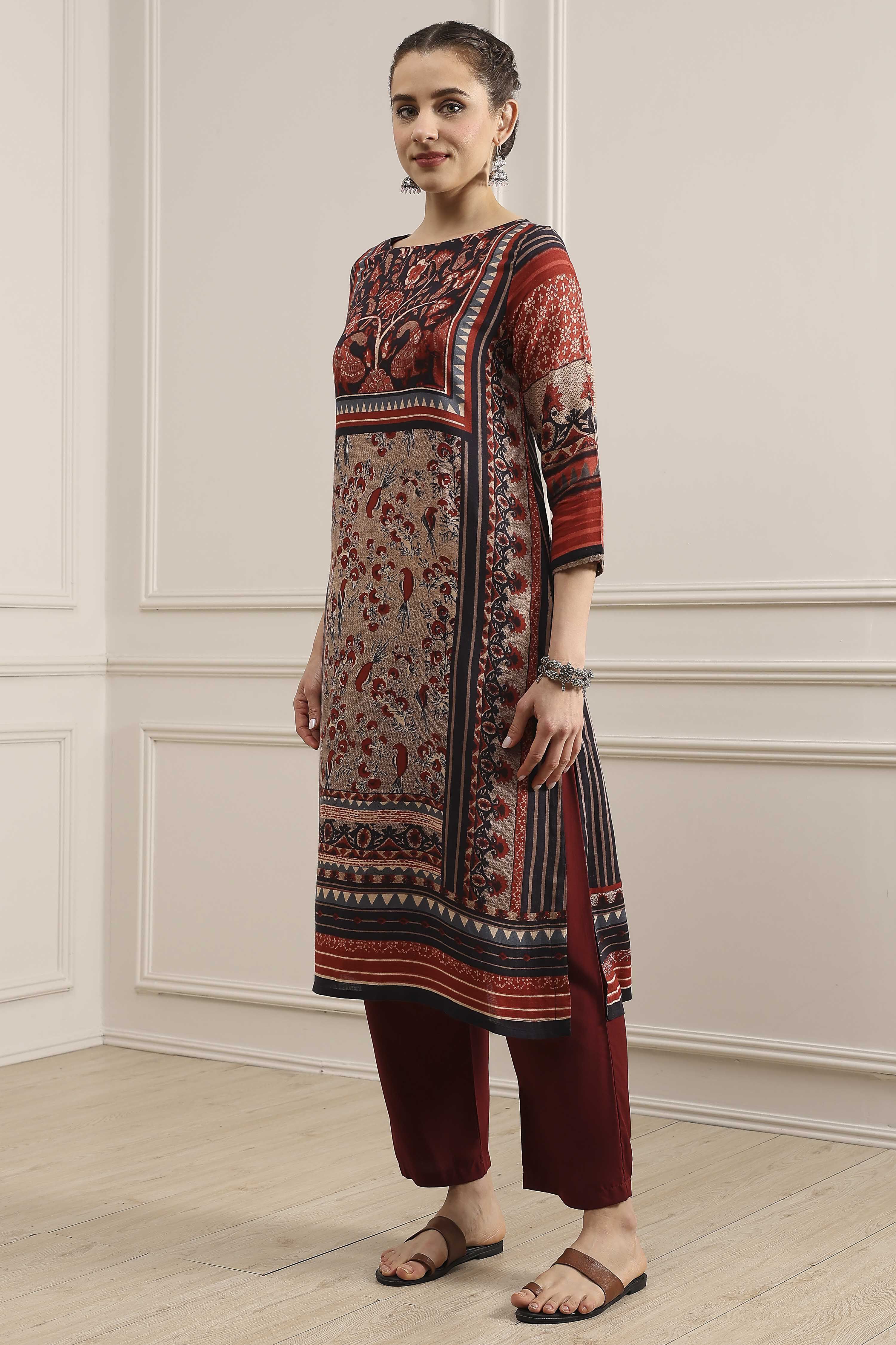 Black and Rust Printed Straight Kurta image number 2